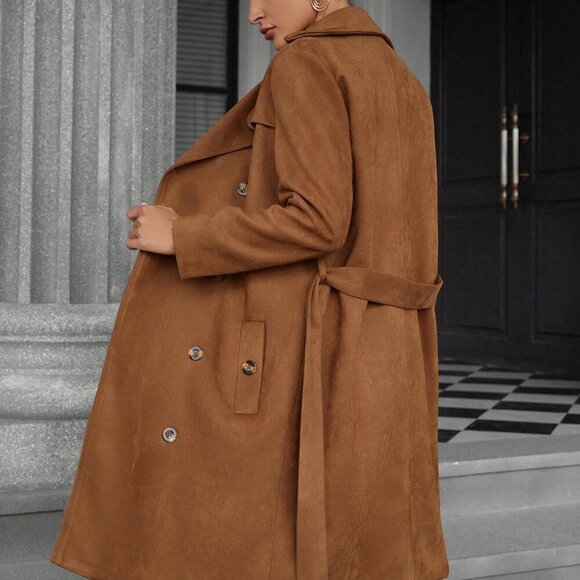 Brown Preppy Womens Suede Fleece All-Match Elegant Mid-Length Windbreaker Jacket - Picture 2 of 5